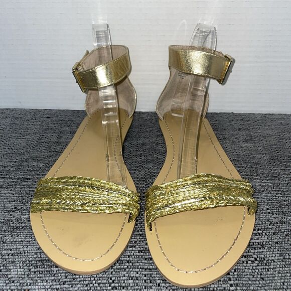 Nine‎ West Sandals Womens Size 10M Gold Metallic Ankle Strap Woven Flat Solitude - Picture 2 of 13